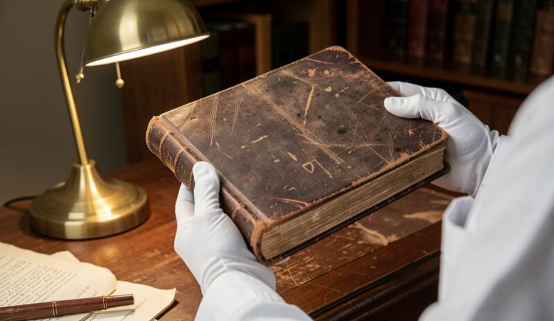 A researcher in white gloves holding a thick aged ledger closed at an angle showing only its page edges and worn leather spine, brass lamp on a reading table