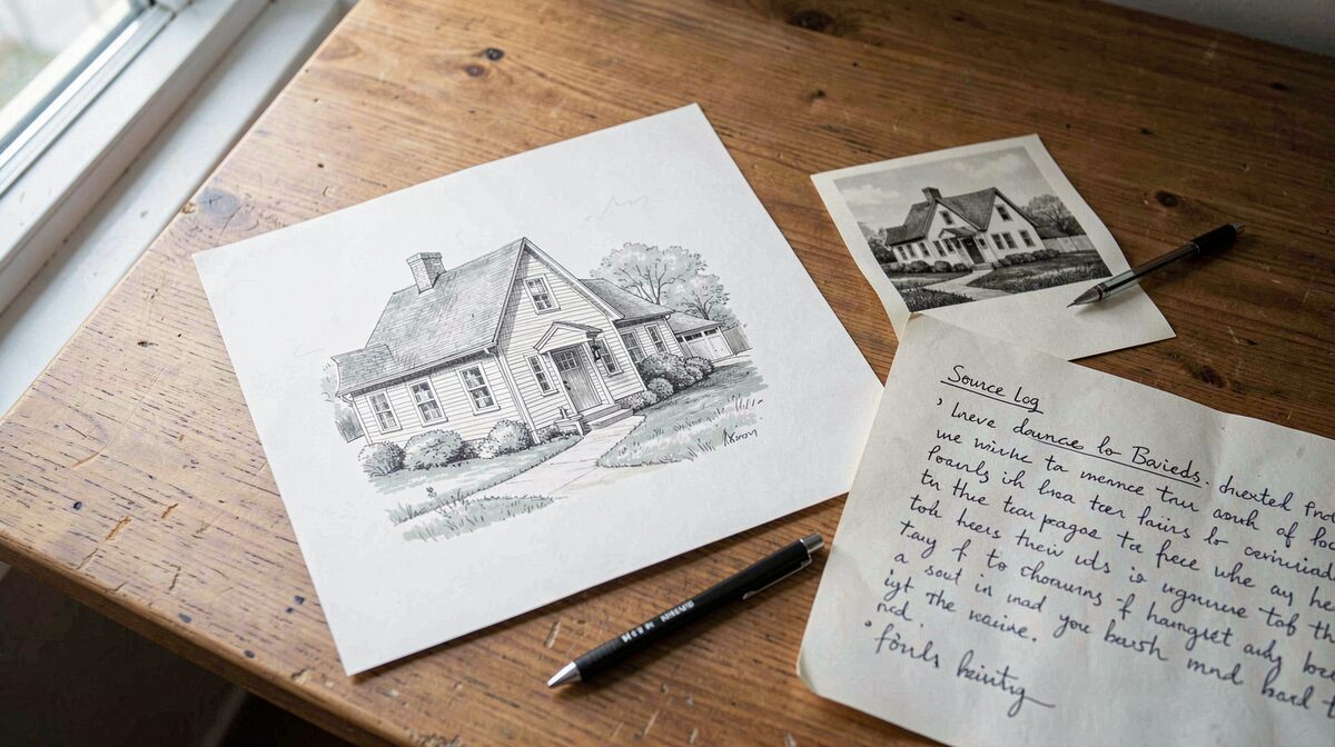 A pen-and-ink house portrait on an 8 by 10 sheet lies on a wooden desk next to the reference photograph and a source log, in soft daylight from a side window.