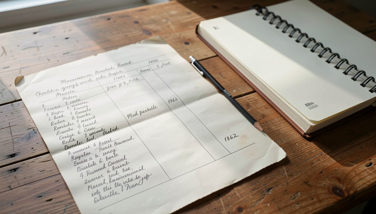 A close-up photograph of a hand-written muster roll page from 1862 resting on a wooden table, with a modern research notebook and pencil beside it, natural window light falling across the paper.