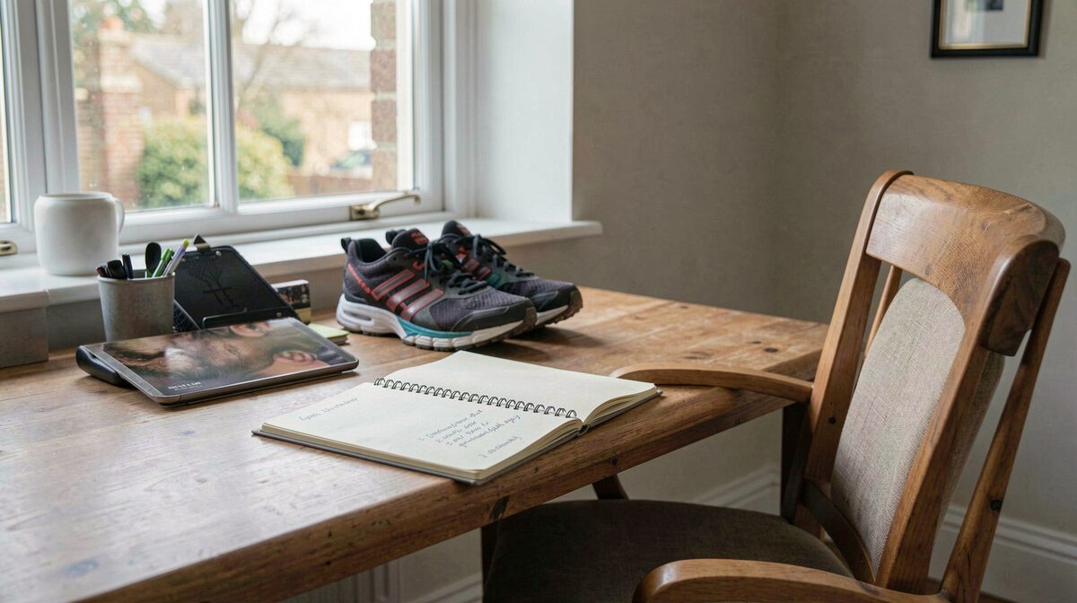 A desk by a window in a Southampton home office in soft morning light, a runner's trainers beside an empty chair, screen angled away, notebook open with a short list written on it, framed as a still life from the side.