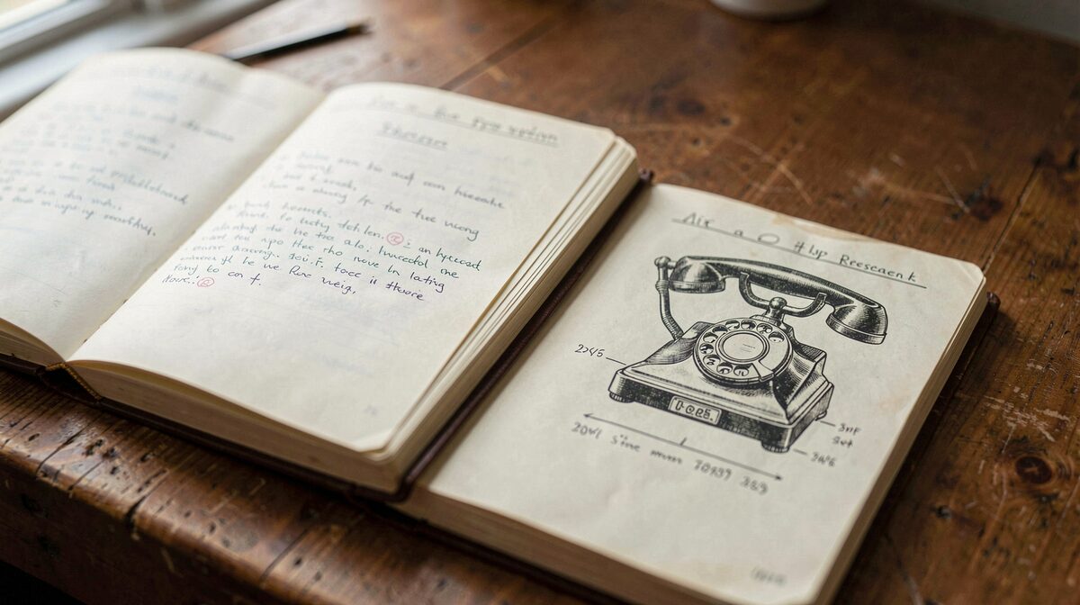 A close-up of an open research notebook beside a printed period telephone diagram on a wooden desk, afternoon window light, shallow depth of field.