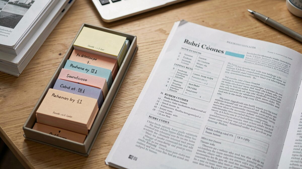 A researcher's desk with an index card file beside a printed magazine page showing labeled rubric codes, morning window light, close overhead framing.
