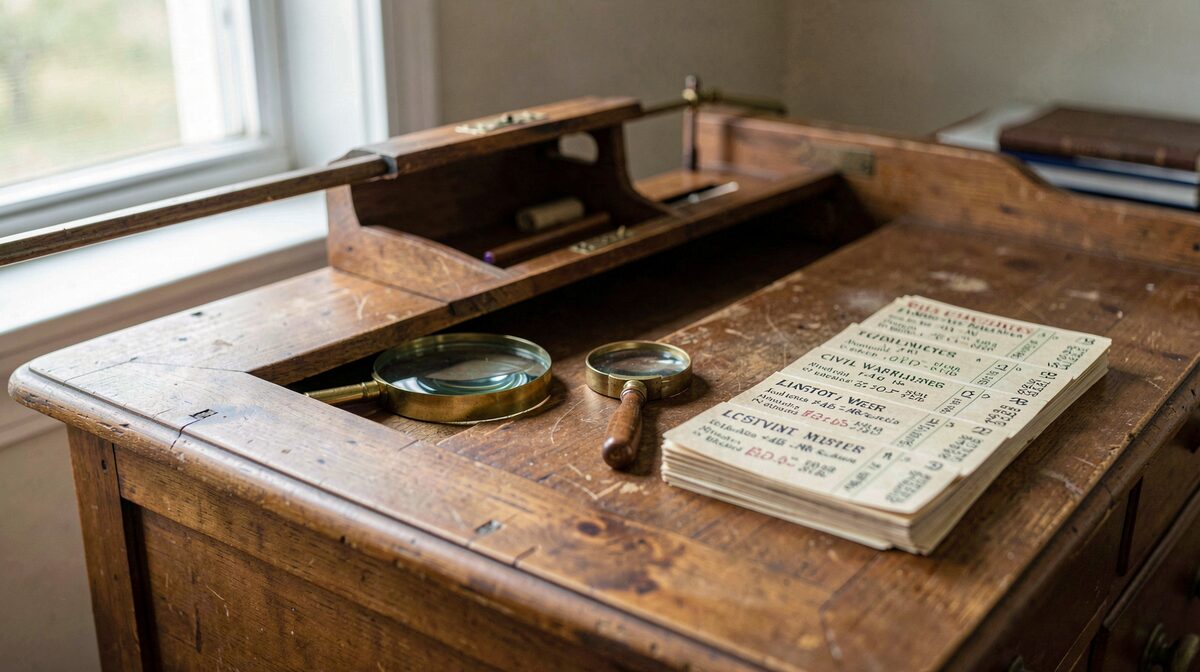 A wooden research desk with an open source log, a magnifying glass, and a stack of Civil War muster cards, photographed in soft morning window light with a shallow depth of field.